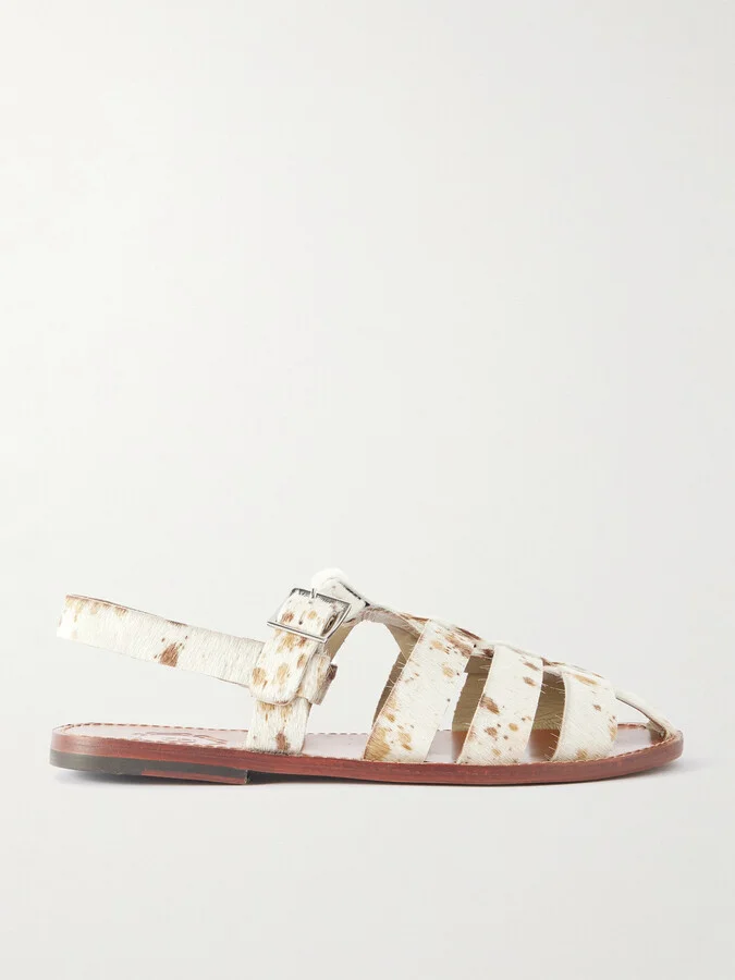 Quincy Cow-Print Calf Hair Fisherman Sandals