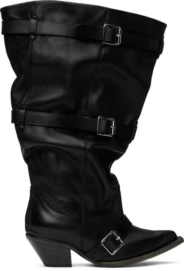 R13 Black Buckled-Up Slouch Cowboy Boots
