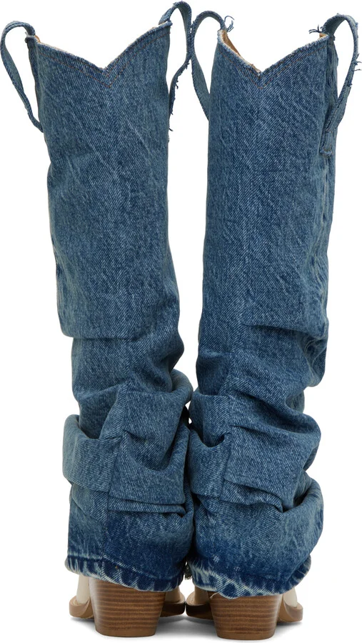 R13 Blue & White Mid Cowboy Denim Sleeve Boots - Image 2