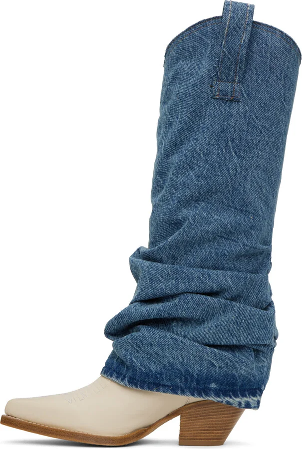 R13 Blue & White Mid Cowboy Denim Sleeve Boots - Image 3