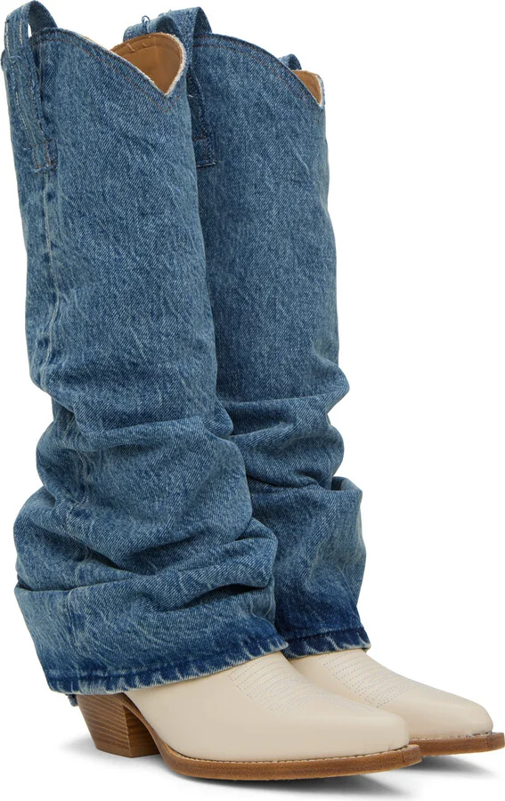 R13 Blue & White Mid Cowboy Denim Sleeve Boots - Image 4