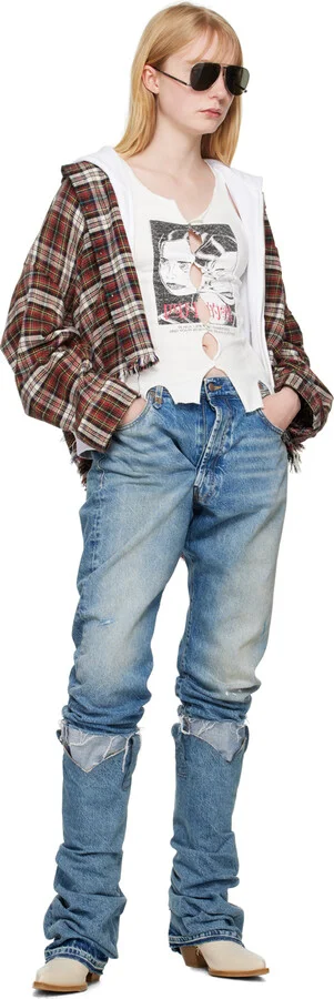 R13 Blue & White Mid Cowboy Denim Sleeve Boots - Image 5