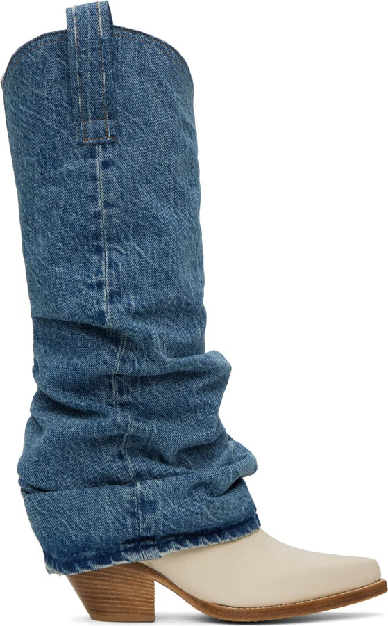 R13 Blue & White Mid Cowboy Denim Sleeve Boots