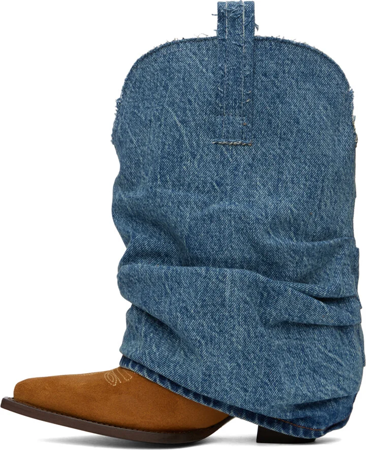 R13 Tan & Blue Low Rider Cowboy Denim Boots - Image 3