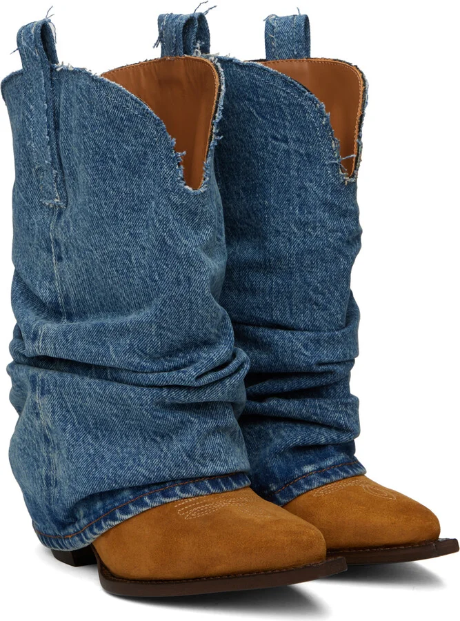 R13 Tan & Blue Low Rider Cowboy Denim Boots - Image 4
