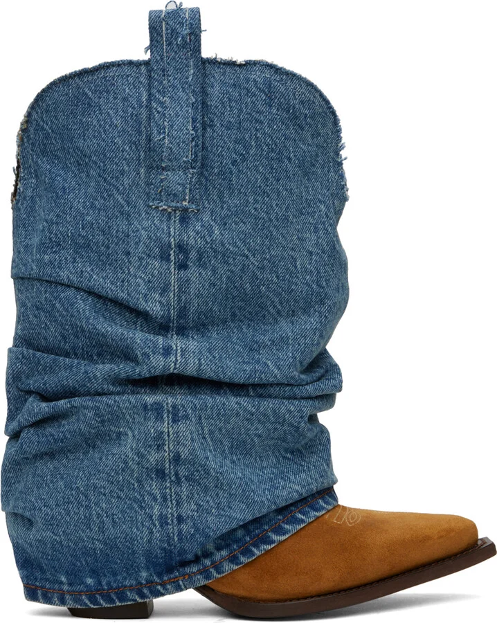 R13 Tan & Blue Low Rider Cowboy Denim Boots