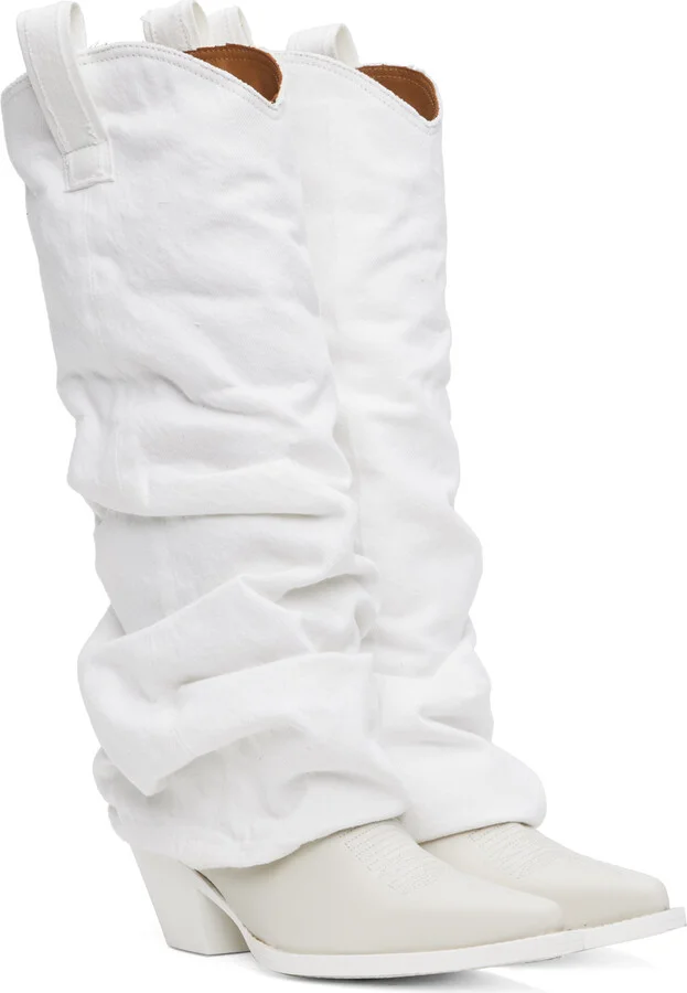 R13 White Mid Cowboy Denim Sleeve Boots - Image 4