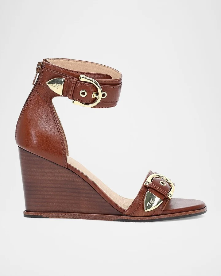 Rachel Leather Buckle-Cuff Wedge Sandals