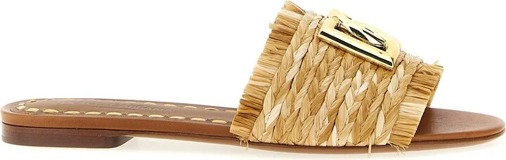 Raffia Braid Slides Sandals Brown
