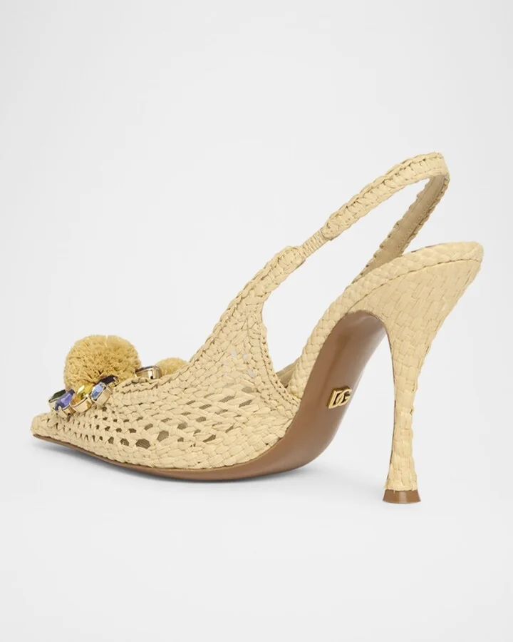 Raffia Crochet PomPom Slingback Pumps - Image 2