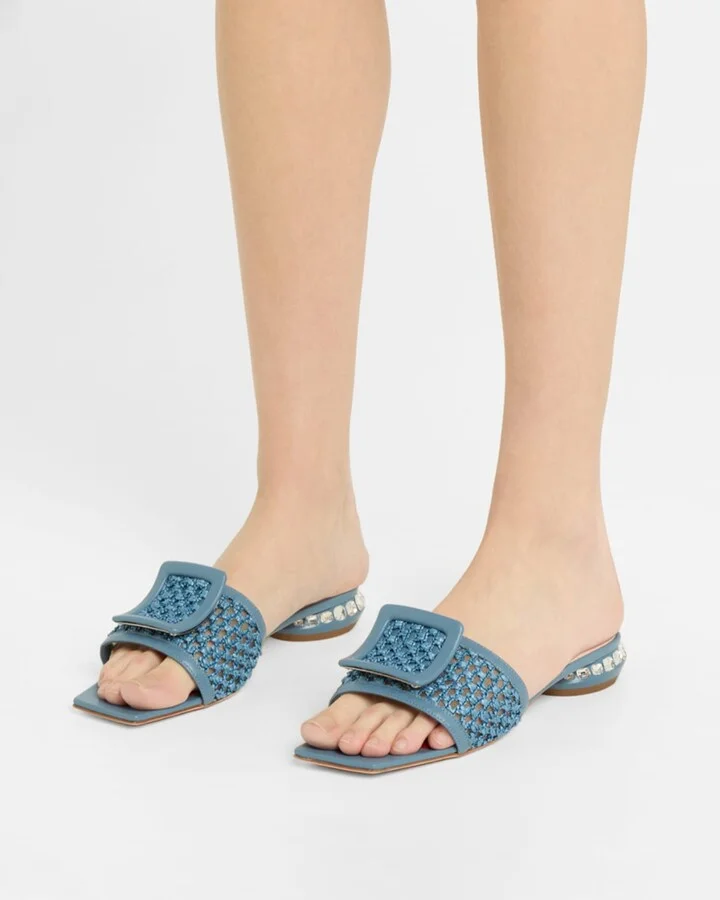 Raffia Crystal Buckle Mule Sandals - Image 4