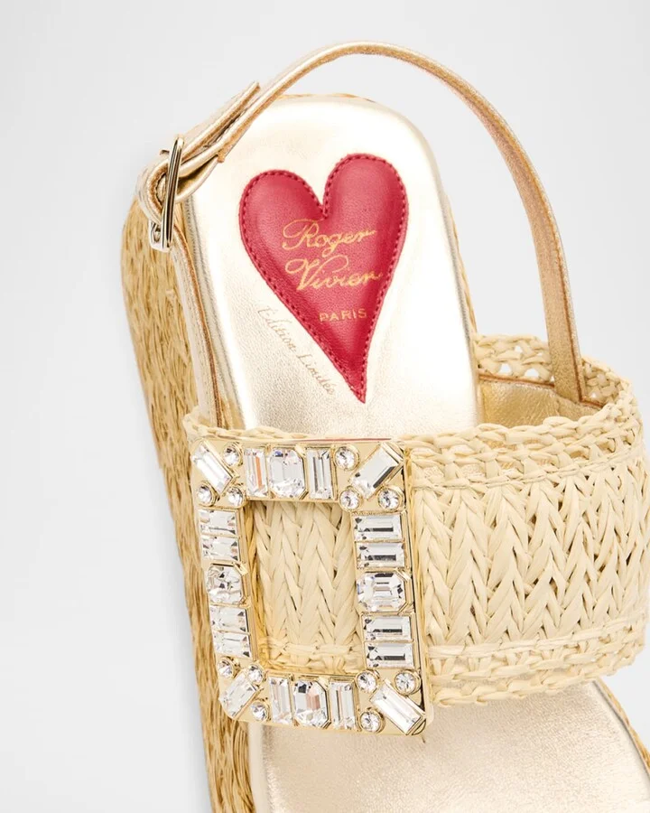 Raffia Crystal Buckle Platform Sandals - Image 11