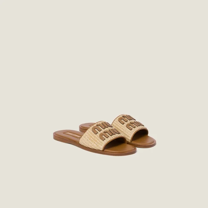 Raffia-effect woven fabric slides