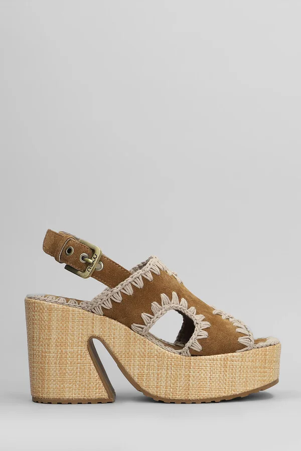 Raffia Platform Sandals In Leather Color Suede