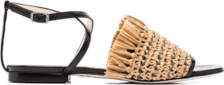 Raffia-Strap Leather Sandals
