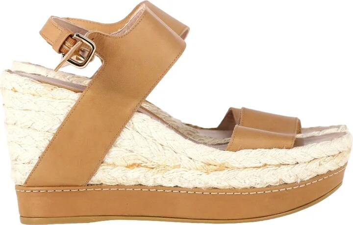 Raffia Wedge Sandals in Brown Leather