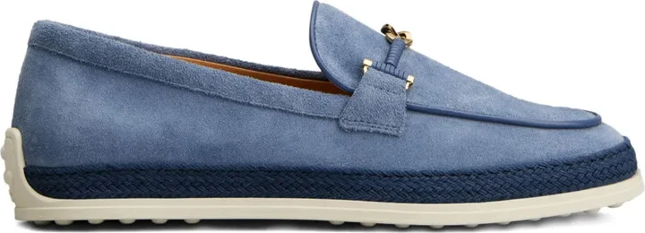 Rafia-Trimmed Suede Loafers
