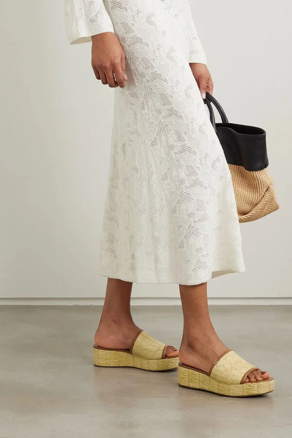 Raflower 45 leather-trimmed faux raffia platform slides - Image 2