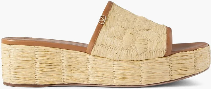Raflower 45 leather-trimmed faux raffia platform slides