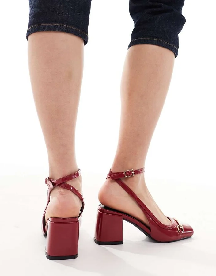 RAID Aiza ballet low block heel shoes with gold buckles in red patent - Image 2
