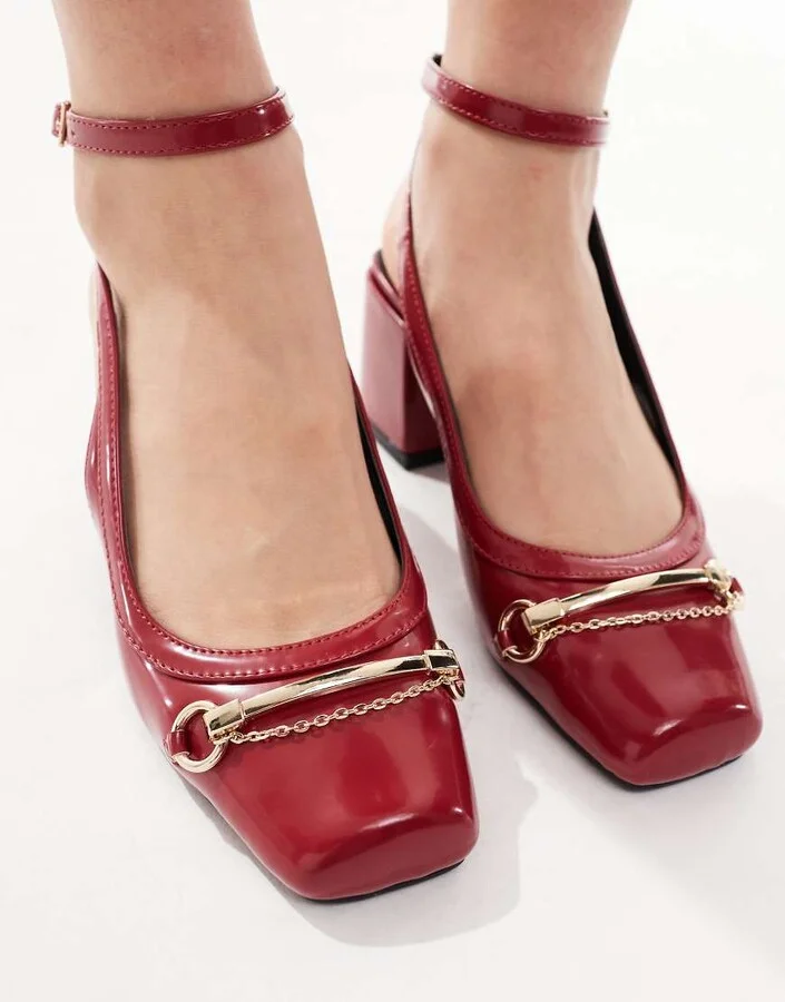 RAID Aiza ballet low block heel shoes with gold buckles in red patent - Image 3