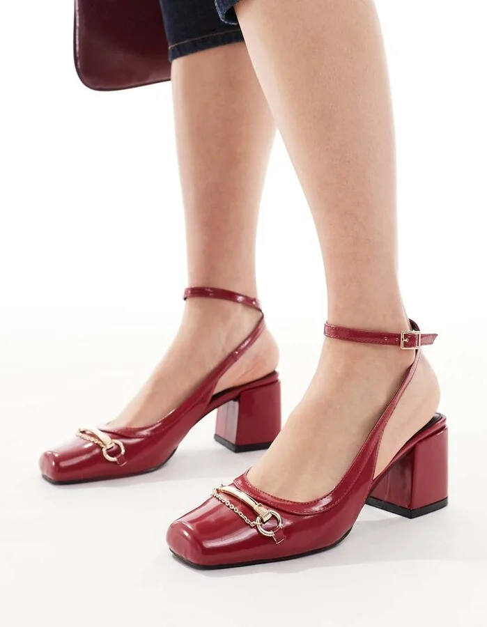 RAID Aiza ballet low block heel shoes with gold buckles in red patent - Image 4