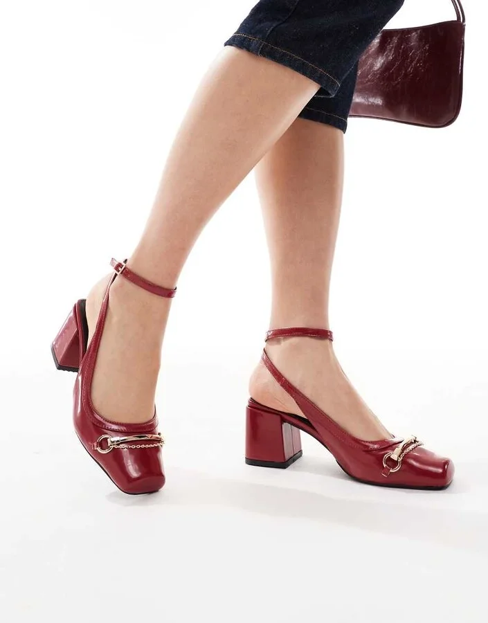 RAID Aiza ballet low block heel shoes with gold buckles in red patent