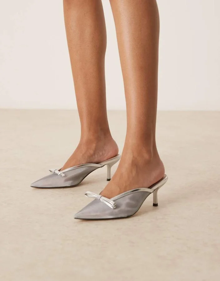 RAID Bexley kitten heeled mules in silver mesh