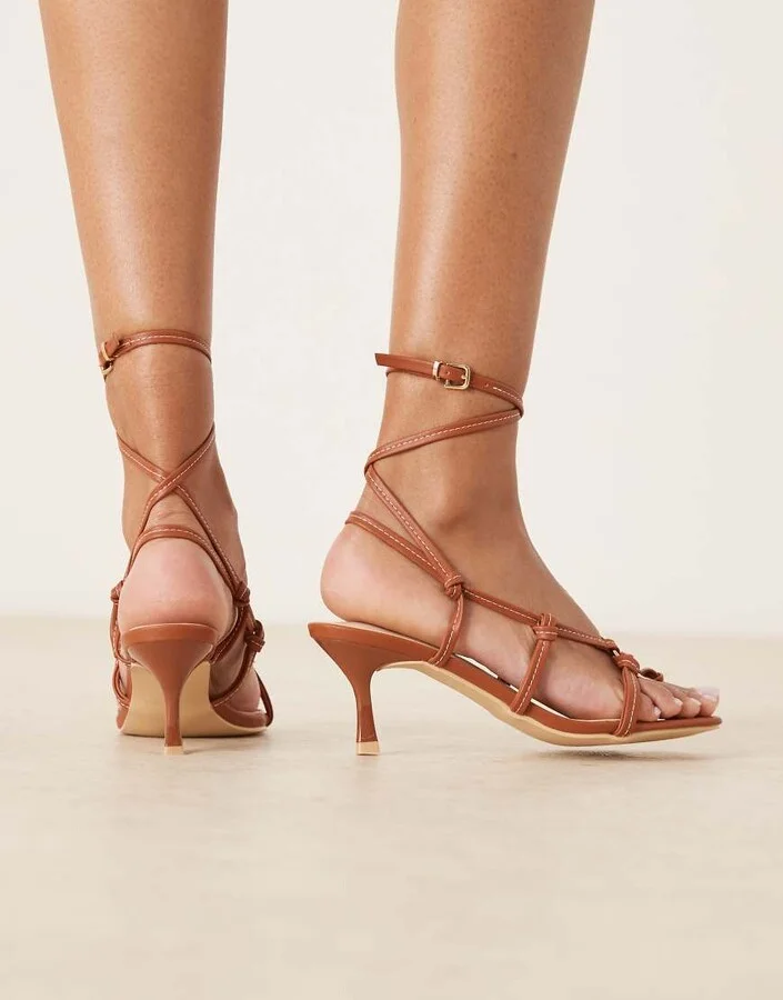 RAID Danika tie leg heeled sandals with metal detail in brown - Image 4