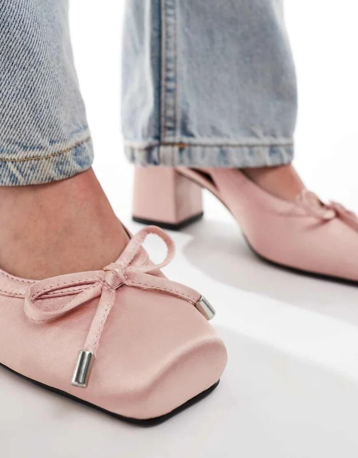 RAID Emilia ballet low block heels shoes in baby pink satin - Image 4