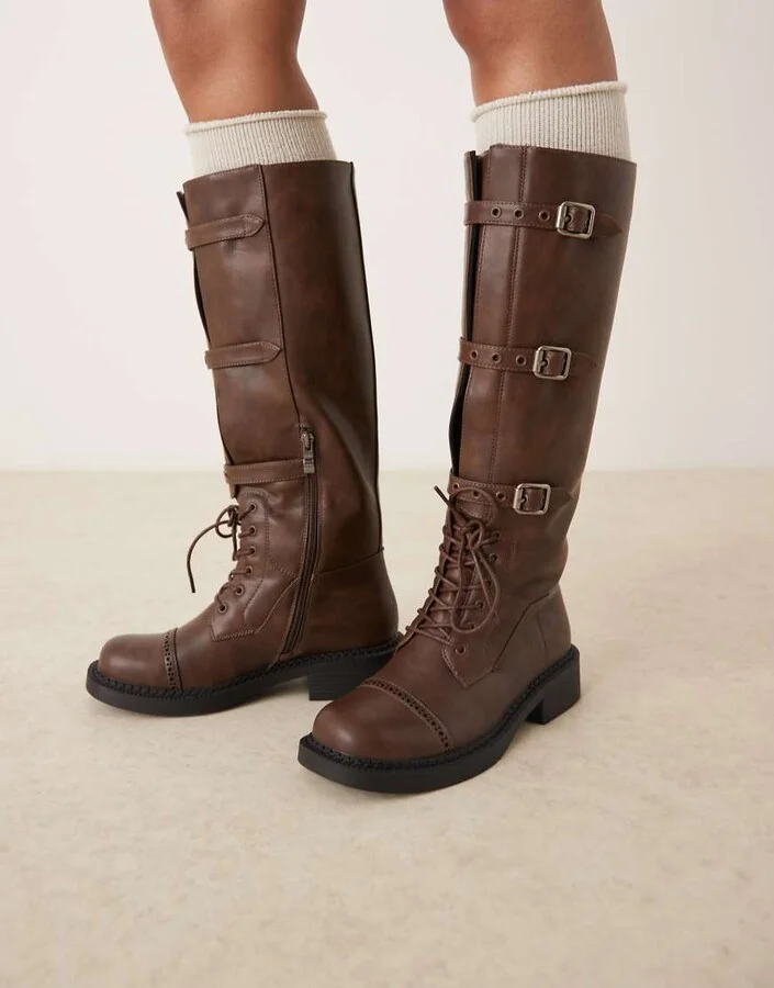 RAID Fallon knee high boots with metal buckles in distressed brown - Image 2