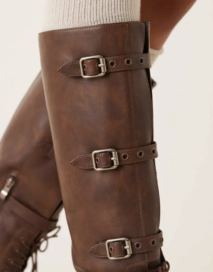 RAID Fallon knee high boots with metal buckles in distressed brown - Image 3