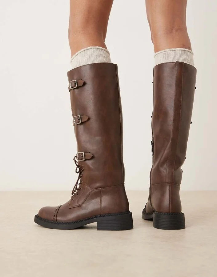 RAID Fallon knee high boots with metal buckles in distressed brown - Image 4