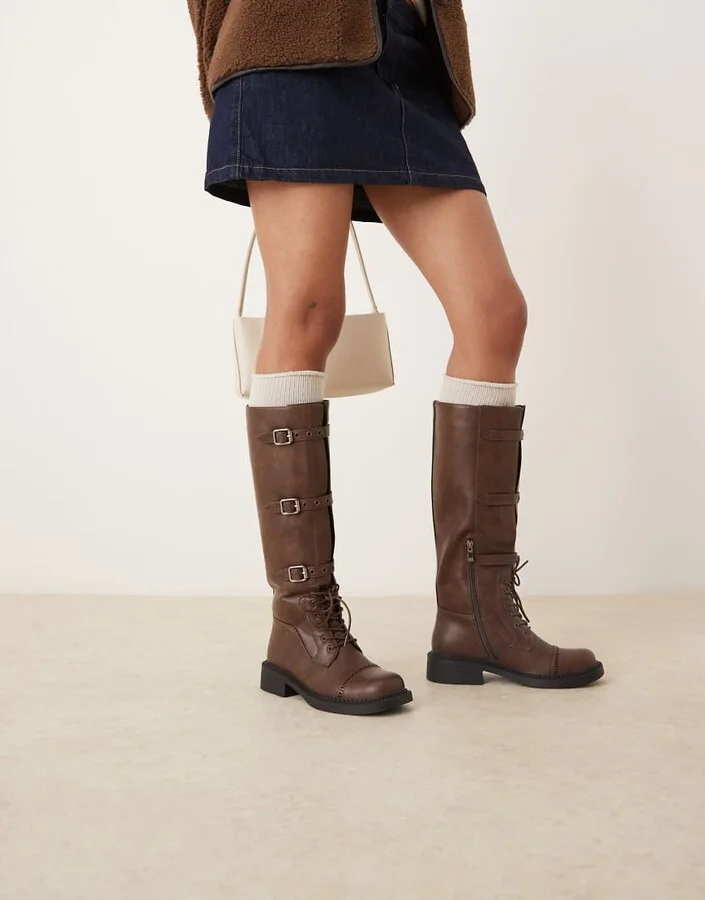 RAID Fallon knee high boots with metal buckles in distressed brown