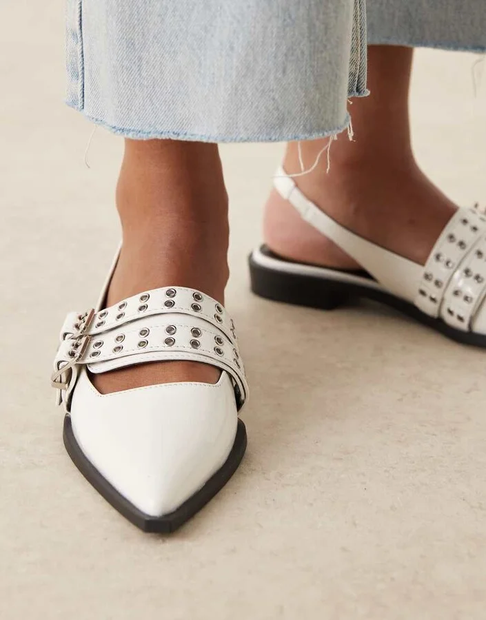 RAID Ichika slingback flats with buckles in white patent - Image 2