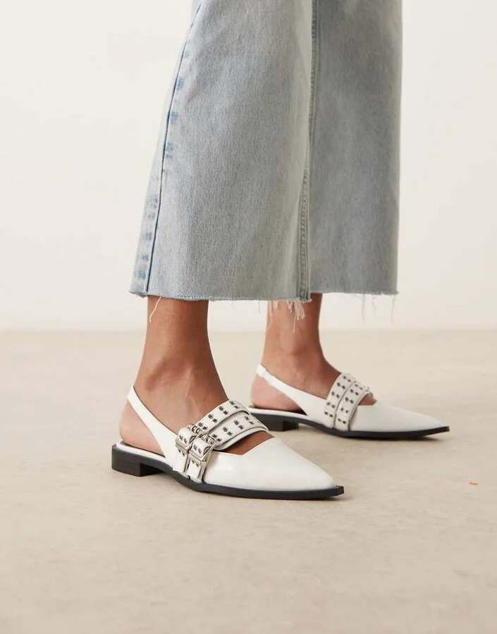 RAID Ichika slingback flats with buckles in white patent