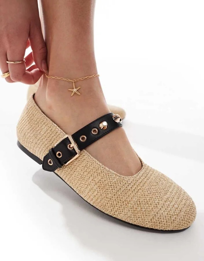 RAID Novie jute ballet flats with gold buckle detail in yellow - Image 2