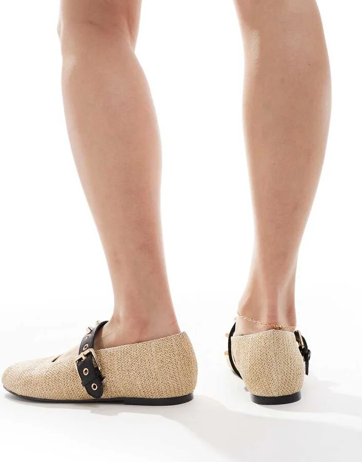 RAID Novie jute ballet flats with gold buckle detail in yellow - Image 3