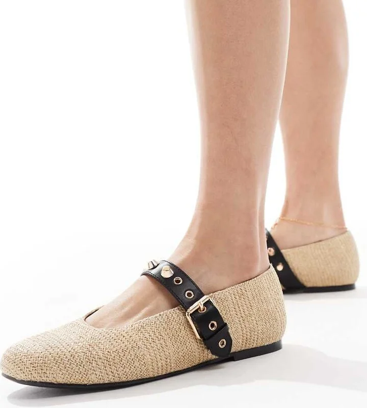 RAID Novie jute ballet flats with gold buckle detail in yellow