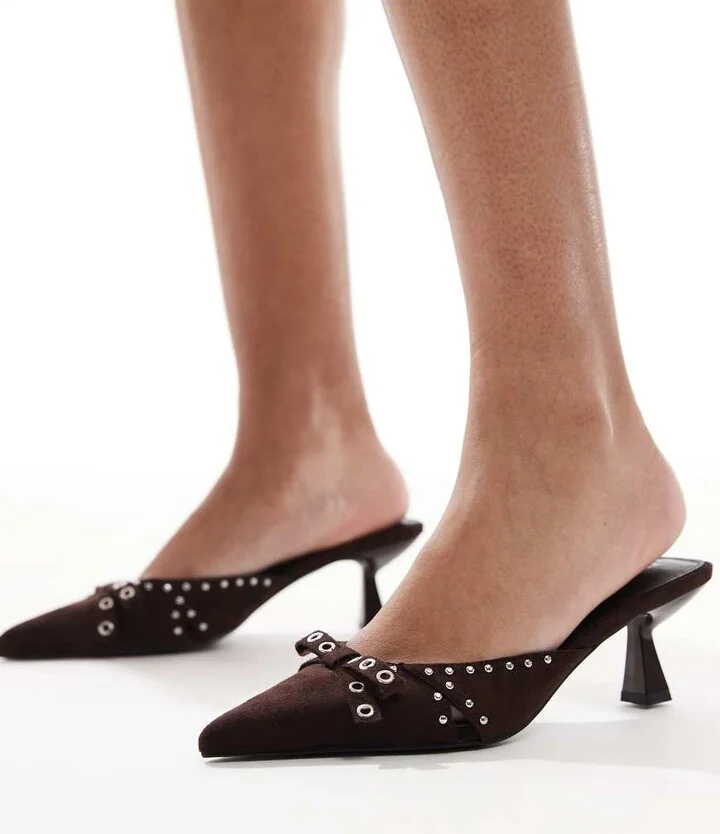RAID Tinsley kitten heeled mules with bows in chocolate