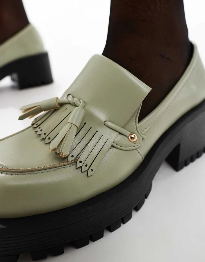 RAID Tulip heeled tassel loafers in sage green - Image 2