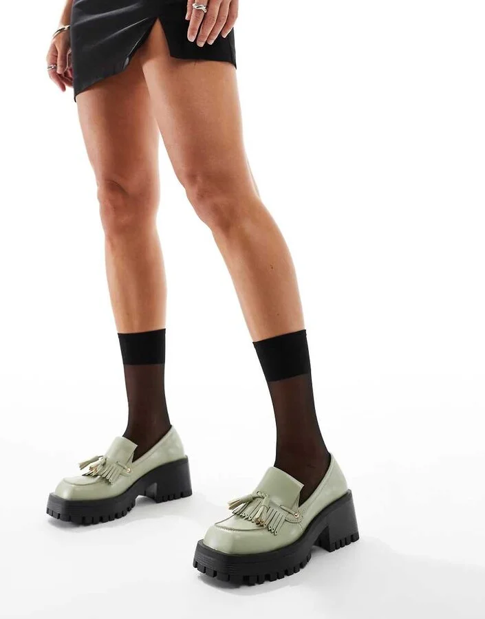 RAID Tulip heeled tassel loafers in sage green - Image 3