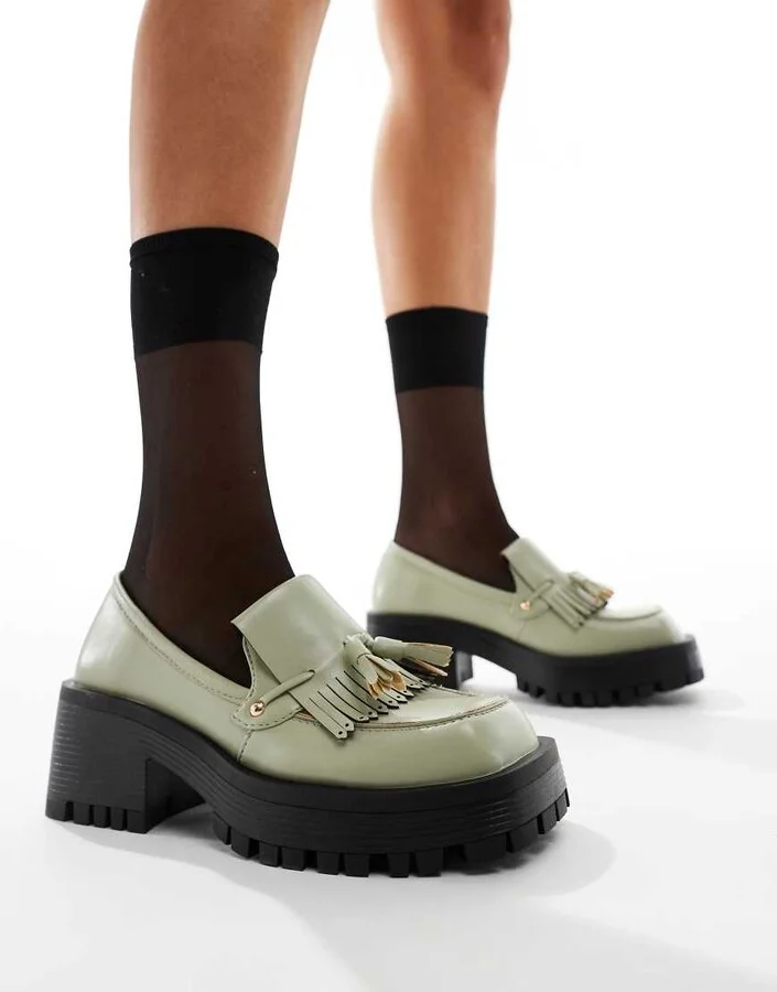 RAID Tulip heeled tassel loafers in sage green