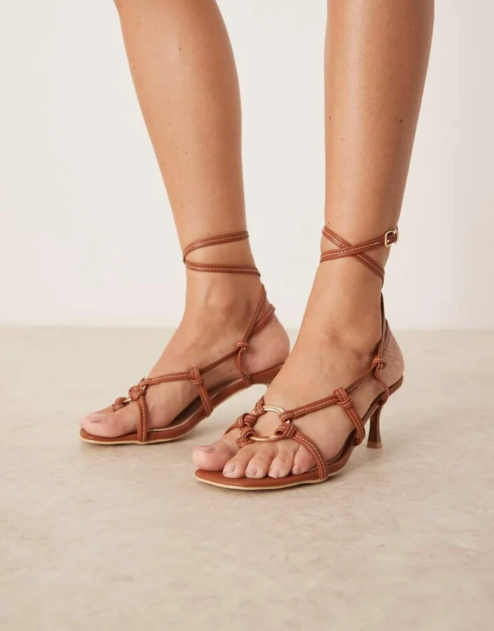 RAID Wide Fit Danika tie leg heeled sandals with metal details in brown - Image 3