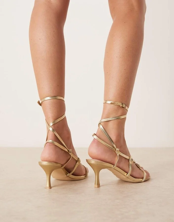 RAID Wide Fit Danika tie leg heeled sandals with metal details in gold - Image 2