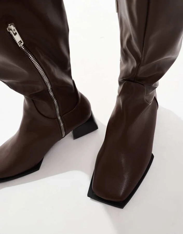 RAID Wide Fit Elixir knee boots with square toe in brown - Image 3