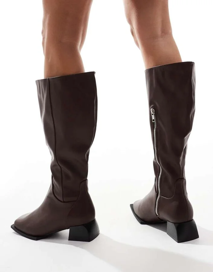 RAID Wide Fit Elixir knee boots with square toe in brown - Image 4