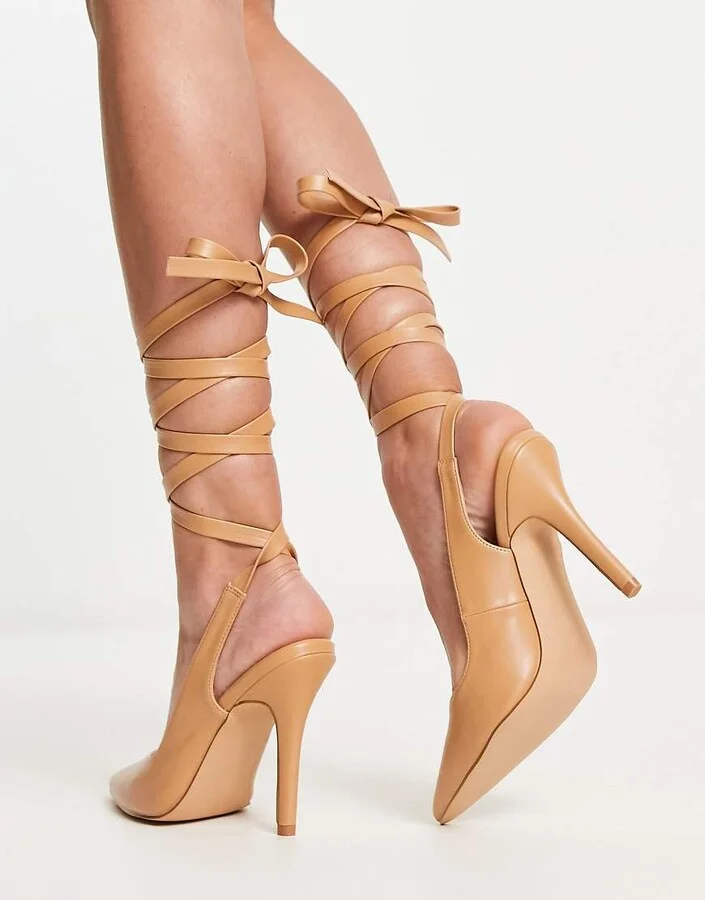 RAID Wide Fit Ishana heeled shoes with ankle tie in beige - Image 2