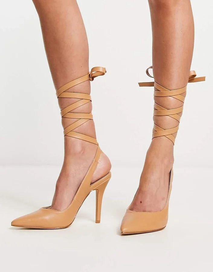 RAID Wide Fit Ishana heeled shoes with ankle tie in beige - Image 4