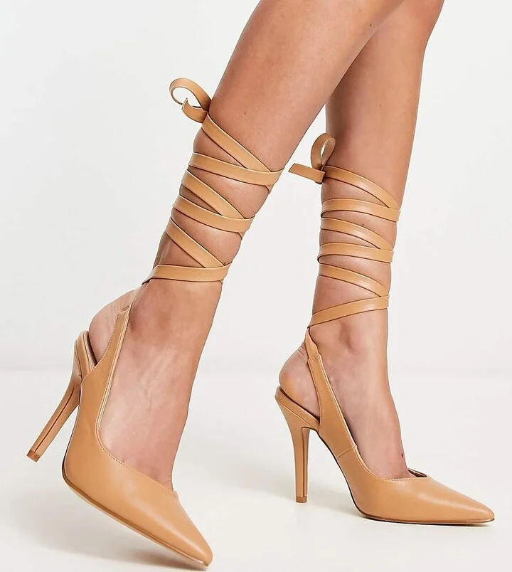 RAID Wide Fit Ishana heeled shoes with ankle tie in beige